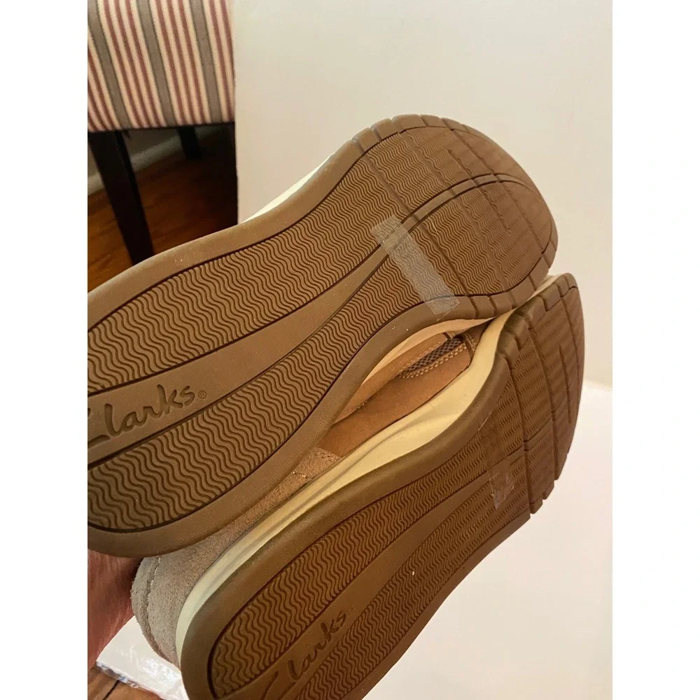 New Clarks 1825 Men Tan Leather Mesh Slip On Loafers Sz 13‎ Moc Toe Casual Shoes